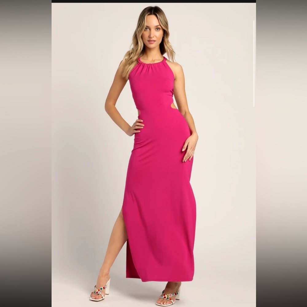 LULUS Adoring Aura Magenta Halter Neck Cutout Lace-Up Maxi Dress